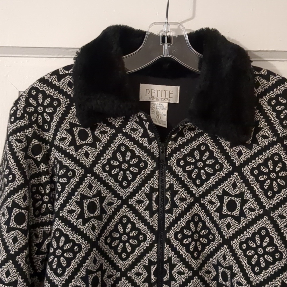 Faux Fur Quilted Jacket Collar Cuffs Black and White Artsy Petite Small - Picture 2 of 6